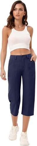 Capris for Women Elastic Waist Dressy Casual Hiking Golf Capri Pants with 5 Pockets in Kuwait