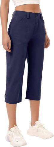 Capris for Women Elastic Waist Dressy Casual Hiking Golf Capri Pants with 5 Pockets in Kuwait