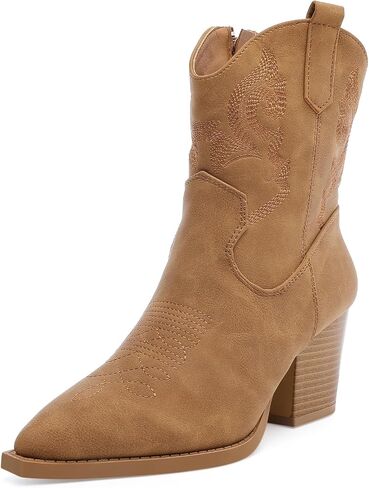 Women's Cowboy Ankle Boots Embroidered Mid-Calf Pointed Toe Cowgirl Booties Retro Chunky Heel Slip On Short Boots Pull On Fall Booties Shoes in Saudi Arabia