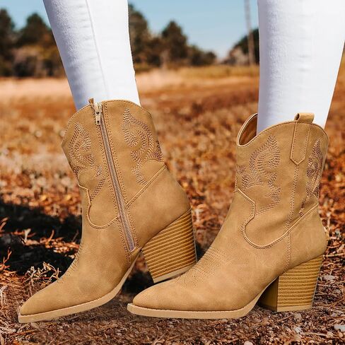 Women's Cowboy Ankle Boots Embroidered Mid-Calf Pointed Toe Cowgirl Booties Retro Chunky Heel Slip On Short Boots Pull On Fall Booties Shoes in Saudi Arabia