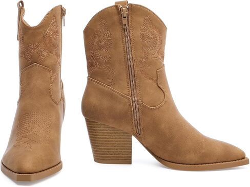 Women's Cowboy Ankle Boots Embroidered Mid-Calf Pointed Toe Cowgirl Booties Retro Chunky Heel Slip On Short Boots Pull On Fall Booties Shoes in Saudi Arabia