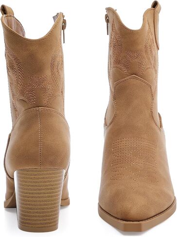 Women's Cowboy Ankle Boots Embroidered Mid-Calf Pointed Toe Cowgirl Booties Retro Chunky Heel Slip On Short Boots Pull On Fall Booties Shoes in Saudi Arabia