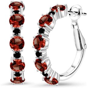 Gem Stone King 925 Sterling Silver Red Garnet and Black Diamond Hoop Earrings For Women (3.96 Cttw, Round 4MM and 1.9MM, Gemstone Birthstone 1 Inch Diameter)