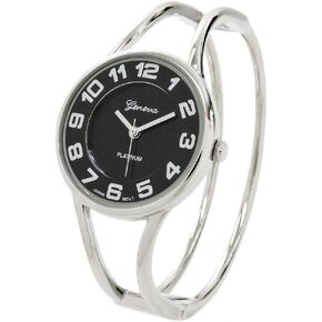 STC Silver Black Round Face Metal Double Band Fashion Women's Bangle Cuff Watch