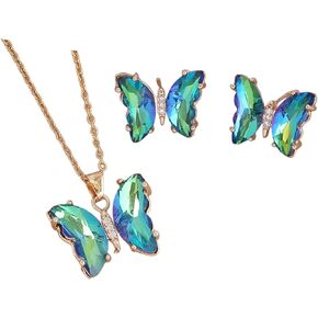 tenghong2021 Butterfly Necklace Earrings Minimalist Cubic Zircons Gold Butterfly Pendant Earrings Necklace 18K Gold Plated Cute Crystal Butterfly Jewelry Set for Women Girls Gifts Jewelry