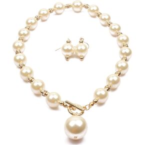 Women Elegant Jewelry Set Rhinestone Imitate Pearl Strand Choker Necklace and Earrings Suit