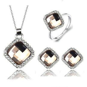 4 Pieces Fashion Rhombus Crystal Rhinstone Pendent Necklace Earring Ring Jewelry Set for Women Lady Wedding Party Prom Birthday Gifts