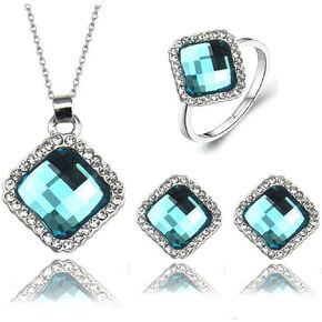 4 Pieces Fashion Rhombus Crystal Rhinstone Pendent Necklace Earring Ring Jewelry Set for Women Lady Wedding Party Prom Birthday Gifts