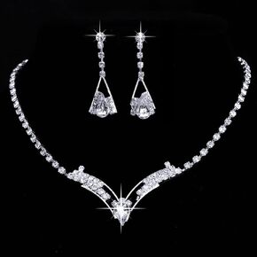 JWICOS Bride Silver Bridal Necklace Earrings Set Crystal Wedding Jewelry Set Rhinestone Choker Necklace for Women and Girls