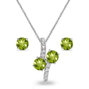Sterling Silver Genuine, Created, or Simulated Gemstone Round Stud Earrings & Friendhip Necklace Set