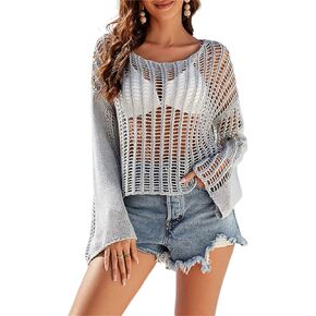 HOULENGS Crochet Cover Up for Women Mesh Sexy Swim Beach Cover Up Long Sleeve Knit Crop Top