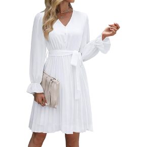 Womens Long Sleeve V Neck Dresses for Wedding Guest Ruffle Lantern Sleeve Pleated Mini Dress with Belt