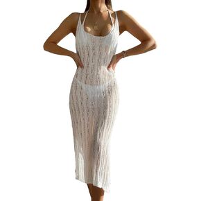 Verdusa Women's Hollow Out Crochet Sleeveless Sheer Dress Swimsuit Bikini Cover Up