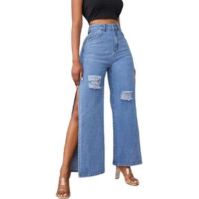 WDIRARA Women's Ripped High Slit Wide Leg Distressed High Waisted Loose Jeans Pants
