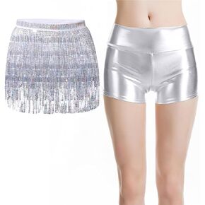 Women's Sequin Fringe Skirt Metallic Shorts 2pcs Ladies Tassel Sparkly Skirts Fashion Party Festival Outfits