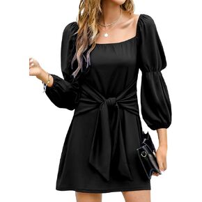 Clearlove Women Elegant Tie Waist Square Neck Mini Dresses Puff Sleeve Sexy Ruched Bodycon Short Party Dress in Kuwait