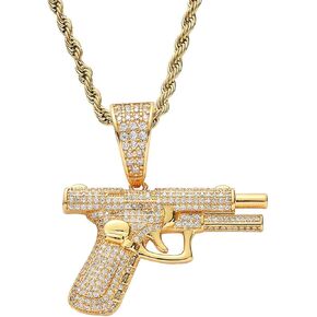 ZZ ZINFANDEL Gold Men's Punk Gun Necklace Pendant Choker Chain,Gold Plated Hip Hop Disc Rhinestone Gun Pistol Necklaces Pendants for Men Game Gifts Accessories