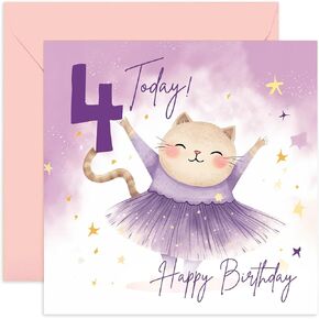 Old English Co. Fourth Birthday Card for Girls - Happy 4th Birthday - Age 4 - Four Years Old - Cute Ballerina Cat Animal Themed Birthday Card for Daughter, Niece, Granddaughter, Goddaughter