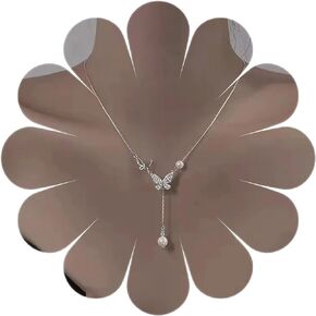 Bohemian Crystal Butterfly Choker Necklace Silver Pearl Y Drop Necklace Paved Butterfly Pendant Necklace Hollow Butterfly Pearl Necklace Jewelry for Women and Girls Gifts