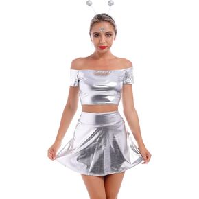 Women's 3 Pcs Shiny Metallic Crop Top + Flared Skirt + Alien Headband Club Party Musical Festival Costume Outfit