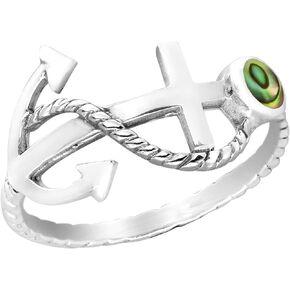 AeraVida Sideways Nautical Rope Anchor Abalone Shell .925 Sterling Silver Ring
