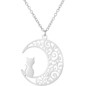 Fashion Elegant Hollow Out Pendant Moon Cat,Bird,Steel Printed Rose,Luck Clover Shell Pendant Animal Necklace Cute Inspiring Gifts for Women Men Girl Teens
