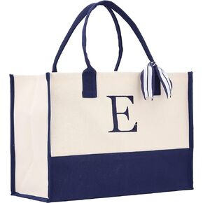 Premium Quality Personalized Gift Monogram Initial 100% Cotton Chic Tote Bag with Customize Option - Navy