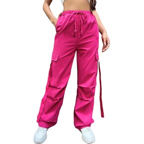 SweatyRocks Women's Casual Drawstring Waist Solid Cargo Pants High Waist Long Pants with Flap Pockets