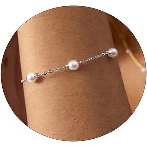 CAROVO Dainty Bracelets for Women 14K Gold Plated Tiny Pearl Sideways Cross CZ Leave Adjustable Chain Bracelet Minimalist Jewelry for Gifts