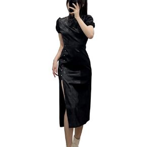 Women's Gothic Black Cheongsam Tea Length Dress Dragon Embossed Mandarin Collar Puff Sleeve High Slit A-line Dress