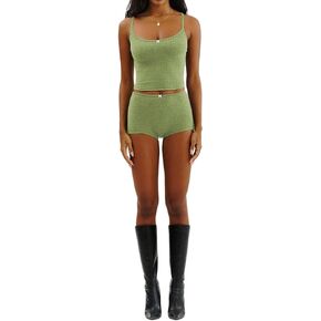 SOLILOQUY Women 2 Piece Y2K Lounge Set Long Sleeve/Spaghetti Strap Knit Crop Top Bodycon Shorts Cute Sweet Pajama Sleepwear