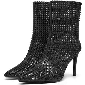 KEEISEA Rhinestone Ankle Boots Hollow Out Sexy Stiletto High Heels with Pointed Toe,Side Zipper
