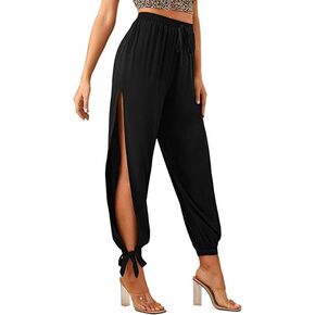 SOLY HUX Women's Elastic High Waisted Split Side Knot Hem Pants Solid Black in Saudi Arabia
