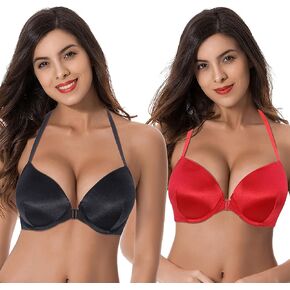 Curve Muse Womens Push Up Add 1 and a Half Cup Underwire Halter Front Close Bras