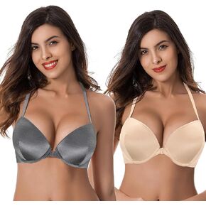 Curve Muse Womens Push Up Add 1 and a Half Cup Underwire Halter Front Close Bras