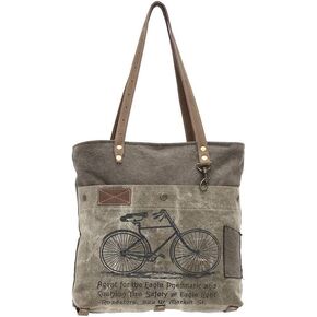 Vintage Bicycle Print Upcycled Canvas and Genuine Leather Trim Tote Bag