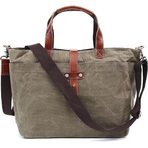 Genuine Leather Canvas Tote Bag for Women Shoulder Bag Work Totes Women's Purse Zipper Handbag with Leather Strap Closure