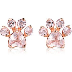 CULOVITY Dainty Paw Stud Earrings Rings Necklace Set - 18K Rose Gold Fill Cubic Zirconia Earring Adjustable Ring Hypoallergenic Jewelry for Puppy Lovers