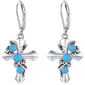 Cross Earrings for Women 925 Sterling Silver Turquoise Dangle Leverback Earrings Cross Jewelry Religious Gothic Earrings Birthday Christmas Gifts for Wife Mom Daughter Girls