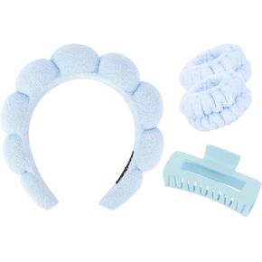 Wecoe Spa Headband And Wristband Set Skincare Headband For Washing Face Hair Claw Clips For Thick Hair Cute Black Puffy Sponge Makeup Headband Bubble Headband Wrist Towels Scrunchies For Women Girls