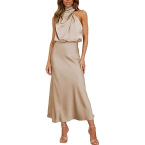 Satin Sleeveless Dress Elegant Lightweight Mock Neck Dress Women Maxi Dress Evening Long Dress Halter Neck Midi Dresses Party in Kuwait