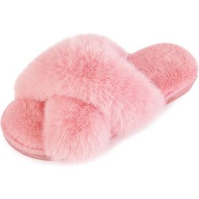 DL Womens Cross Band Soft Plush Slippers Furry Fleece Slip on Slippers Open Toe House Shoes Slides for Indoor Outdoor