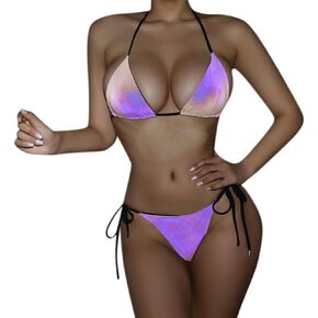 Women Sexy Reflective Bikini Set Halter Push Up Swimsuit Holographic Bathing Suit Swimwear Beachwear