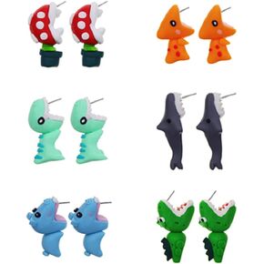 6 Pairs Cute Animal Bite Earring Handmade Alloy Clay Stud Earrings 3D Cartoon Dinosaur Shark Animal Stud Earring for Kids Girls Women