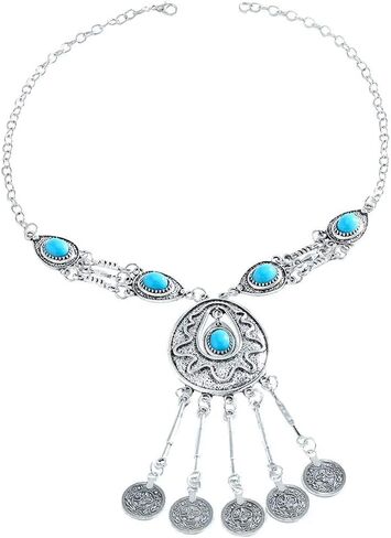 Gypsy Coin Pendant Necklace Fashion Turquoise Silver Statement Necklace Chain Charm Vintage Necklace Jewelry for Women Girls in Saudi Arabia