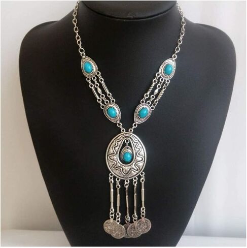 Gypsy Coin Pendant Necklace Fashion Turquoise Silver Statement Necklace Chain Charm Vintage Necklace Jewelry for Women Girls in Saudi Arabia