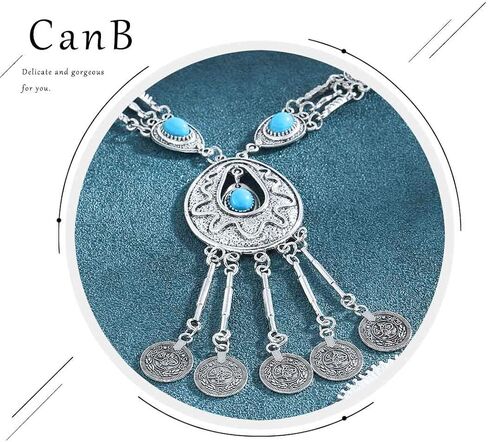 Gypsy Coin Pendant Necklace Fashion Turquoise Silver Statement Necklace Chain Charm Vintage Necklace Jewelry for Women Girls in Saudi Arabia