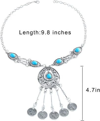 Gypsy Coin Pendant Necklace Fashion Turquoise Silver Statement Necklace Chain Charm Vintage Necklace Jewelry for Women Girls in Saudi Arabia