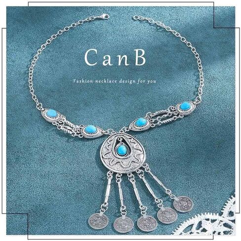 Gypsy Coin Pendant Necklace Fashion Turquoise Silver Statement Necklace Chain Charm Vintage Necklace Jewelry for Women Girls in Saudi Arabia