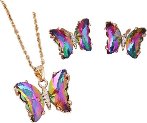 tenghong2021 Butterfly Necklace Earrings Minimalist Cubic Zircons Gold Butterfly Pendant Earrings Necklace 18K Gold Plated Cute Crystal Butterfly Jewelry Set for Women Girls Gifts Jewelry in Saudi Arabia